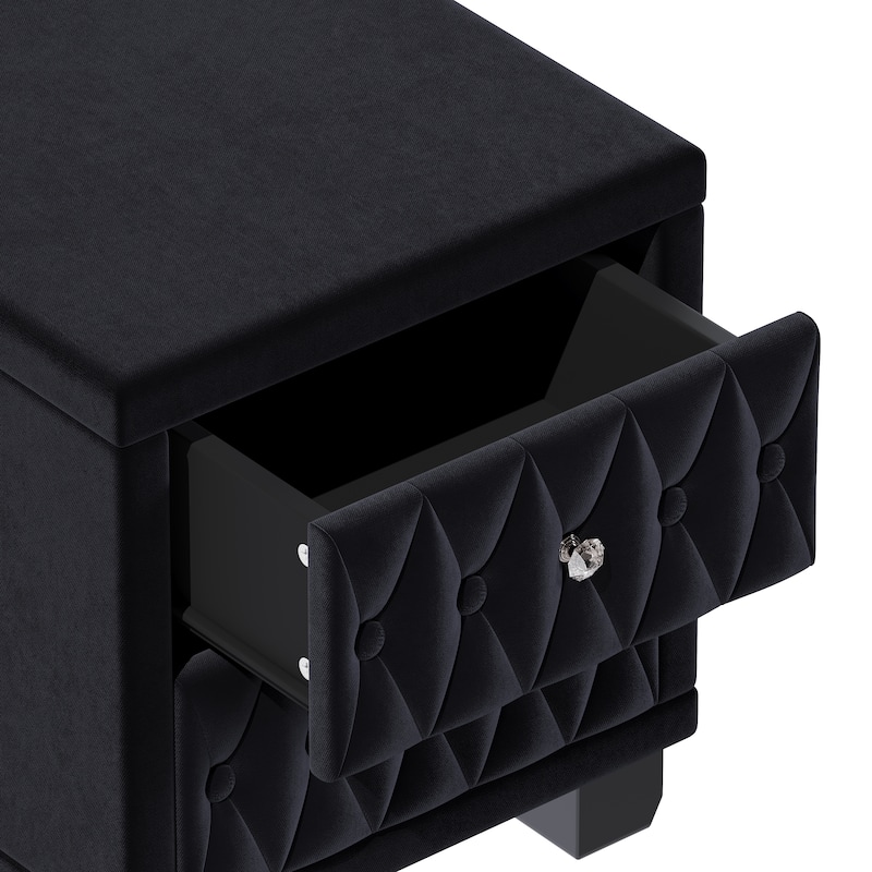 Elegant Velvet Nightstand with 2 Drawers and Crystal Handle, Storage Bedside Table with Button-Tufted