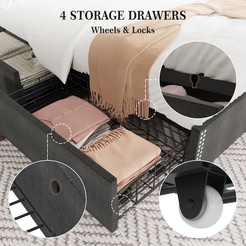 Bed Frame with 4 Storage Drawers and Headboard