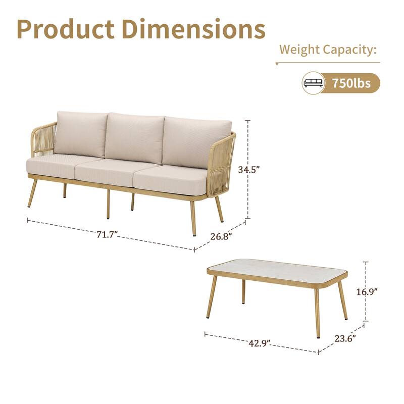 Pocassy Patio 3-Seat Sofa Glider Chair with Coffee Table