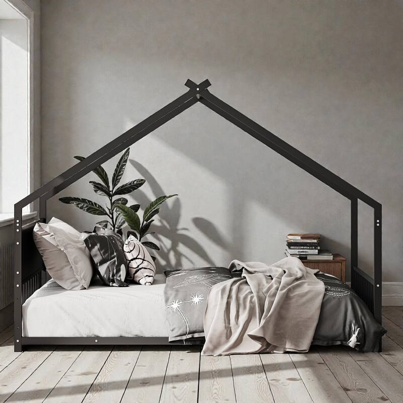 Twin Size Metal House Bed with Roof and LED Lights, Kids Bed Frame with Slats, No Box Spring Needed