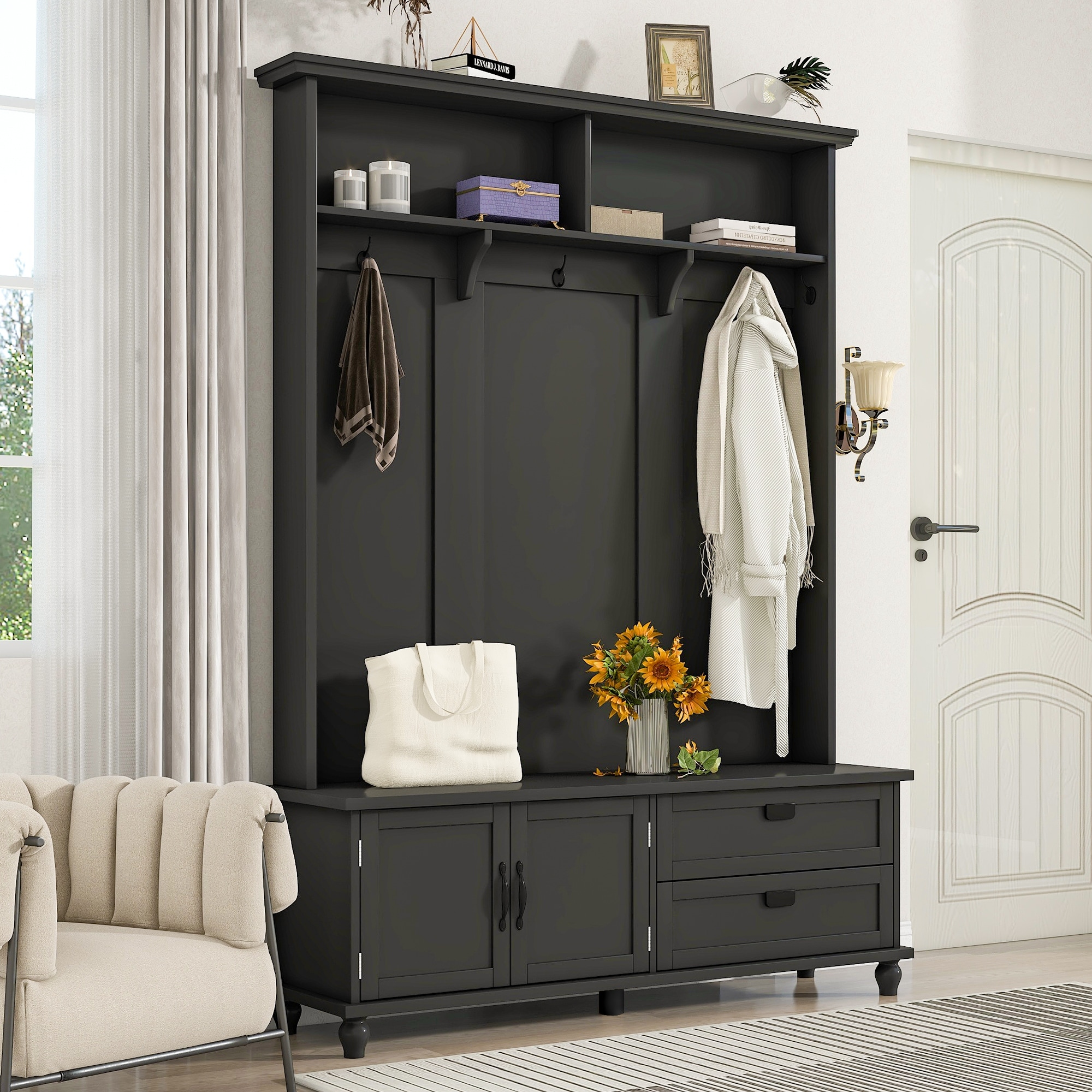 Versatile Hall Tree with Bench 2 Drawers Cabinet 5 Coat Hooks Modern Mudroom Storage White