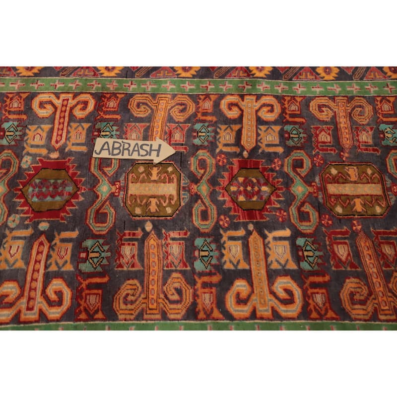 Hand Knotted Oriental 100% Wool Carpet Traditional Geometric Navy Blue & Blues Ardebil Runner Rug - 8' 9'' X 3' 9''