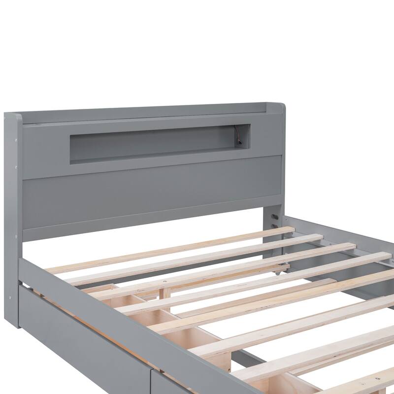 Roomfitters Queen Size Storage Platform Bed with LED Headboard, 2 Drawers and Twin Trundle, Space-Saving