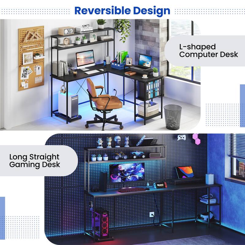 Engineered Wood L-Shaped Gaming Desk with LED Lights and Power Strip