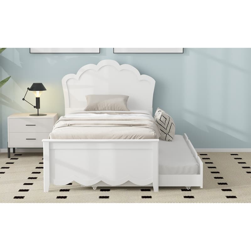 Roomfitters Wood Platform Bed with Headboard, Pull-Out Trundle and Under-Bed Storage, White