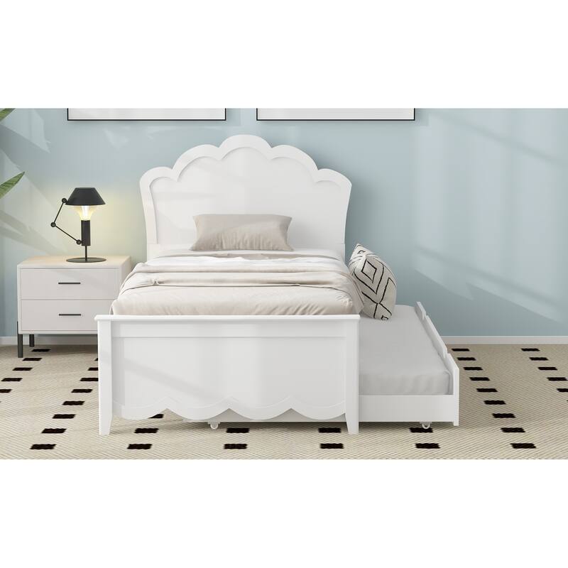 White Pine Wood Bed Frame, Twin Size Platform Bed w/Curved Headboard, Pull-out Trundle Bed for Bedroom, Apartment