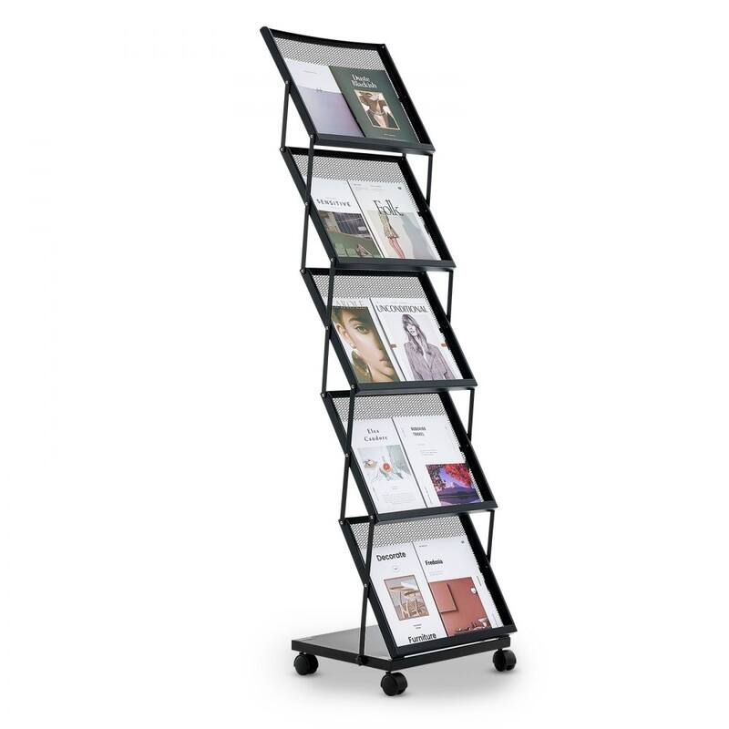 5-Tier Metal Magazine Display Rack with Wheels Mobile Literature Stand for Brochures, Catalogs & Magazines