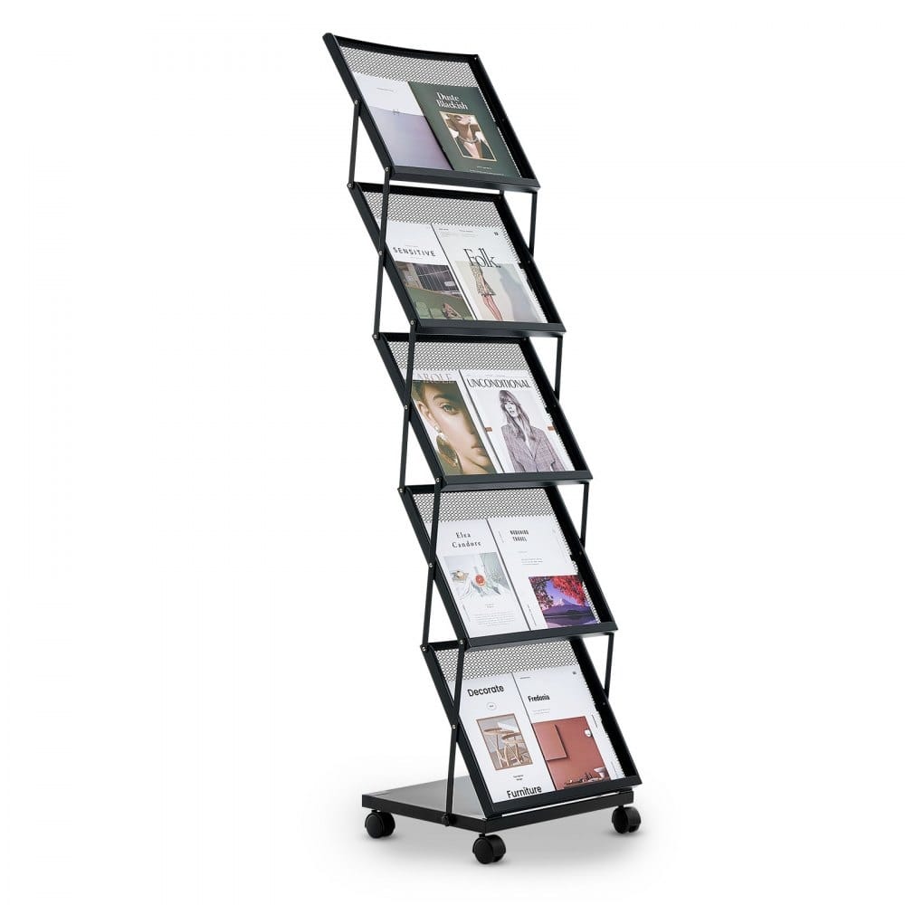 5-Tier Metal Magazine Display Rack with Wheels Mobile Literature Stand for Brochures, Catalogs & Magazines