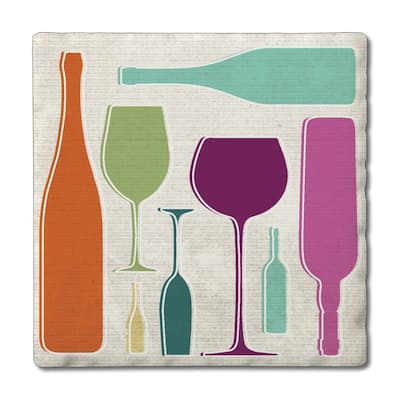 Retro Wine 4 Pack Absorbent Stone Coasters with Cork Backing 4" Square Made in The USA Absorbent Wipes Clean