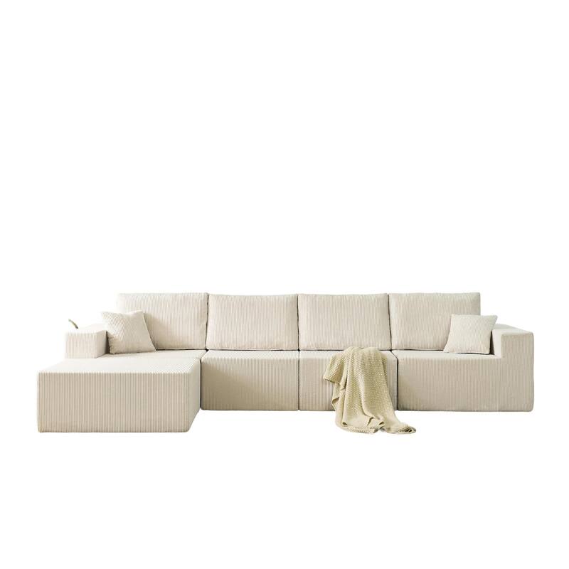 Modular L Shaped Sectional Sofa with Ottoman, Corduroy Boneless Cloud Sofa, 4 Seater Compressed Sofa with 2 Pillows
