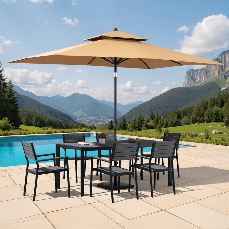 9/11-Piece Outdoor Patio Dining Set Aluminum Dining Table and Stackable Chairs w/10 ft Market Umbrella and Base - Set of 9 - Grey Table with Tan Umbrella
