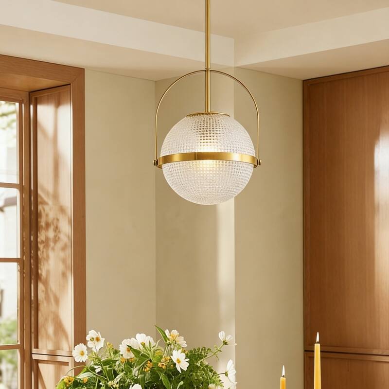 1-Light Modern Industrial Black Metal/Gold Pendant Light with Textured Glass Globe Shade for Kitchen Island Dining Room - Gold