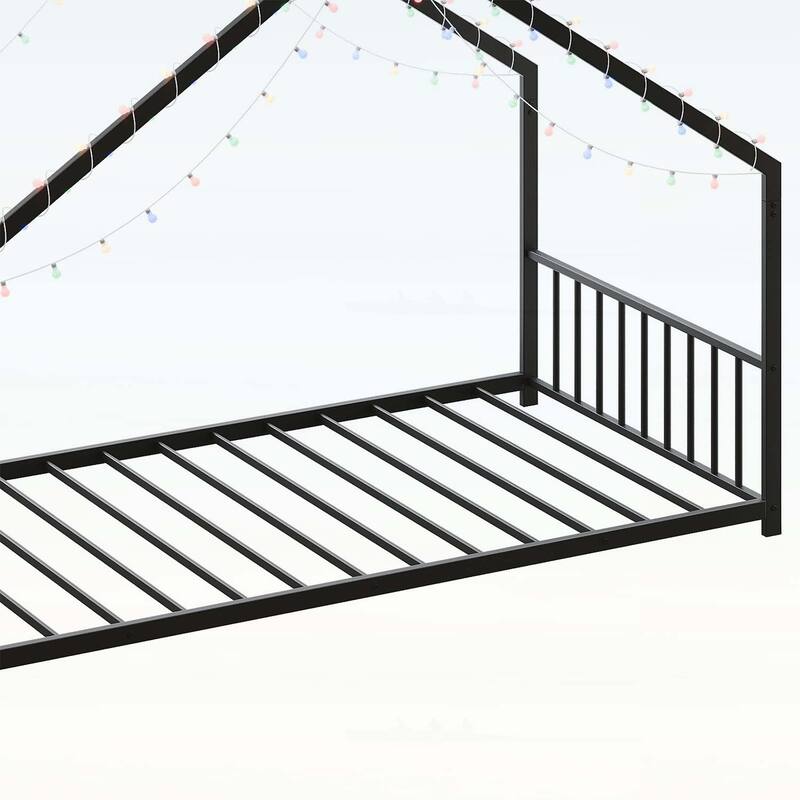 Platform Bed with LED light strips,roof-shaped iron frame,and low profile design for safety and style