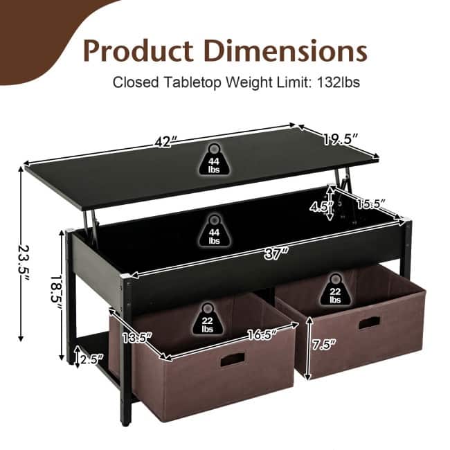 Lift Top Coffee Table Central Table with Drawers and Hidden Compartment for Living Room - 42" x 19.5" x 19" (L x W x H)