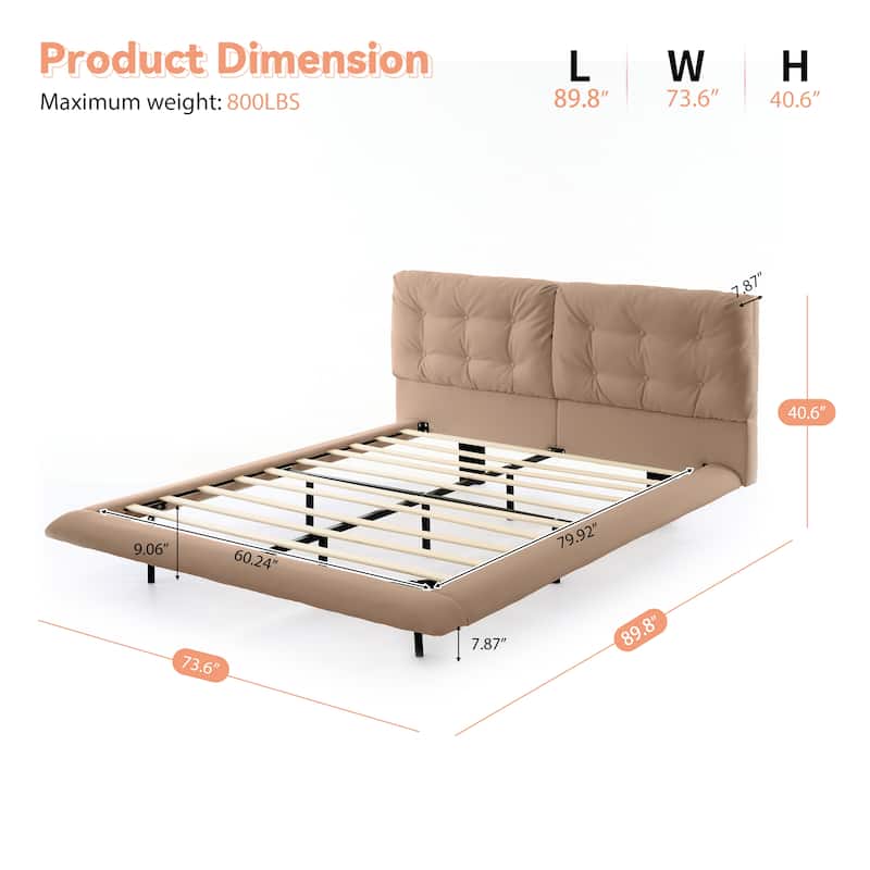 Queen Size Upholstered Floating Bed Frame with LED Lights, PU Leather Platform Bed with Button-tufted Headboard