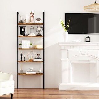 Modern Ladder Shelf, 5-Tier Open Wall-Mounted Bookshelf, Display Wood Shelves with Stable Metal Frame, Plant Flower Stand