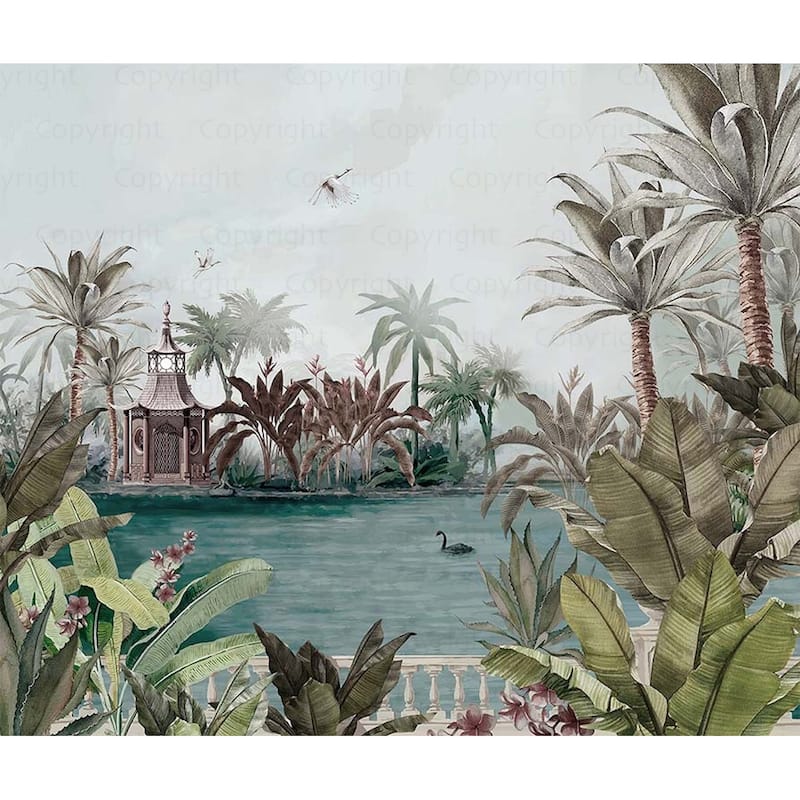 Tranquil Lakeside Pavilion Mural Tropical Palms Black Swan - Brown - W:131" x H:118"