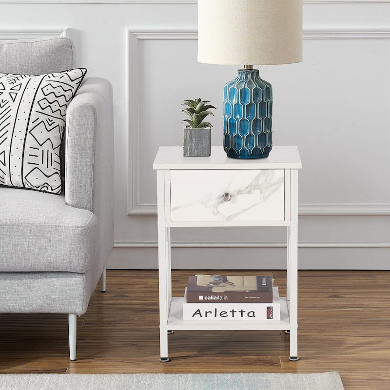 VECELO Modern 1-Drawer White Nightstand with Storage Shelf