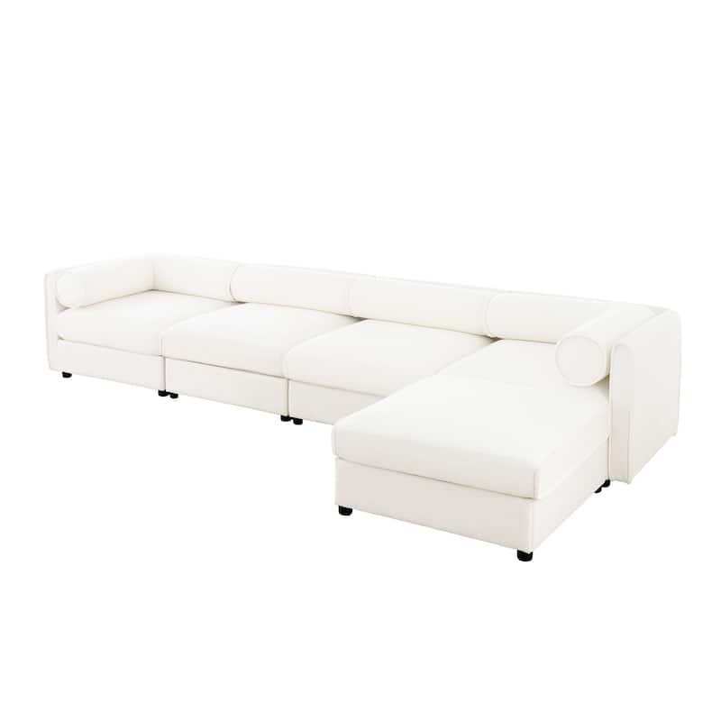 142.5" Chenille L-Shaped Sectional Sofa with Storage & Round Back