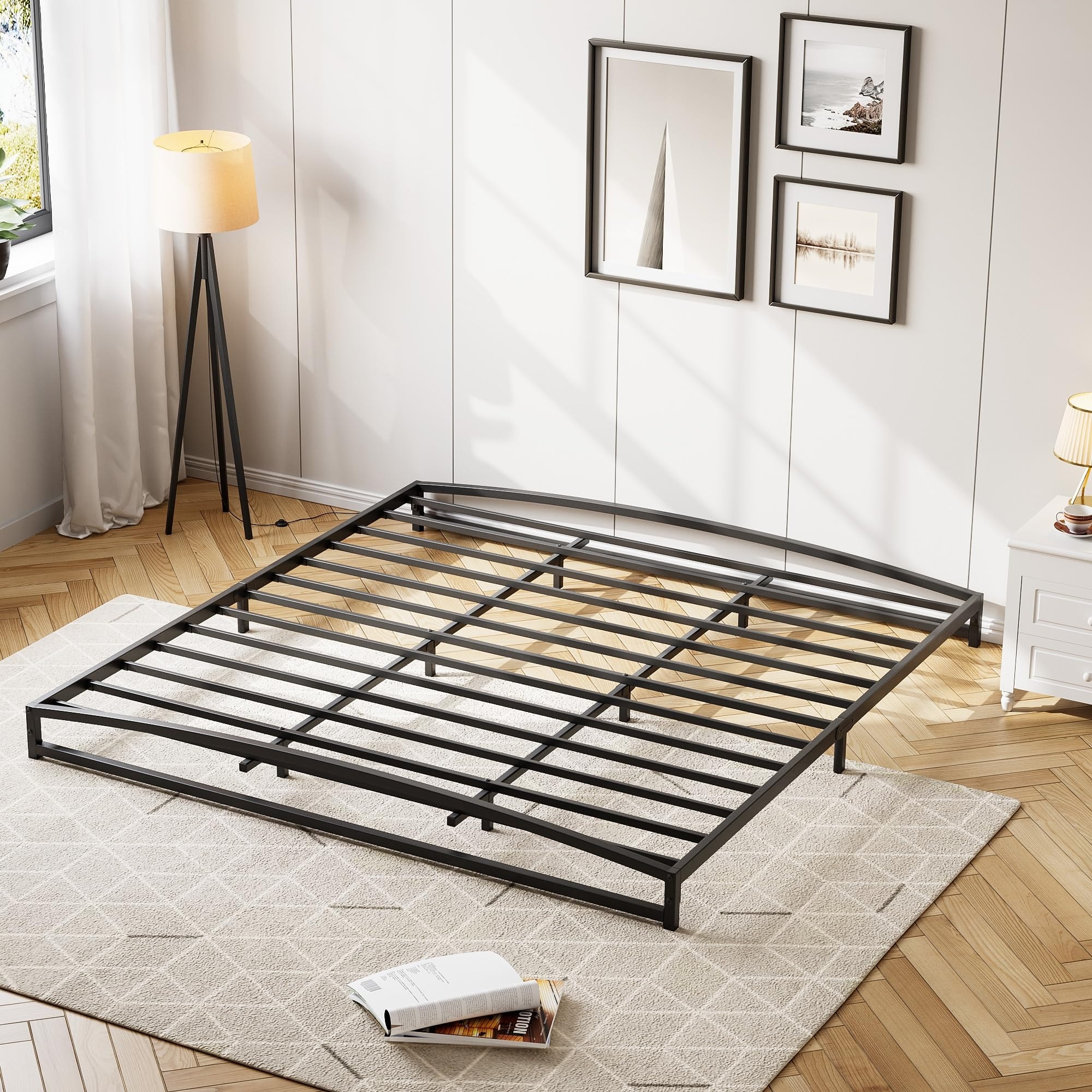 Low Bed Frame, 6 Inch California King Size Metal Platform Bed Frame with Arch Design, Heavy Duty Bed Frame