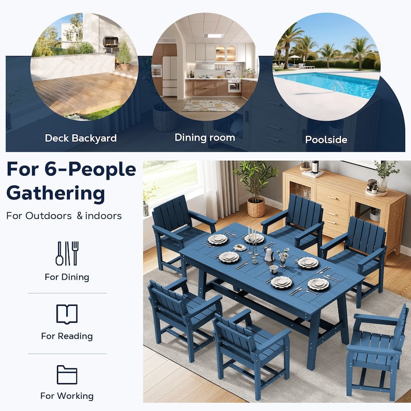 7-Piece HDPE Outdoor & Indoor Dining Set, Rectangular 67.91in W Table with Umbrella Hole and 6 Chairs Set of 7, Wood-Look Finish