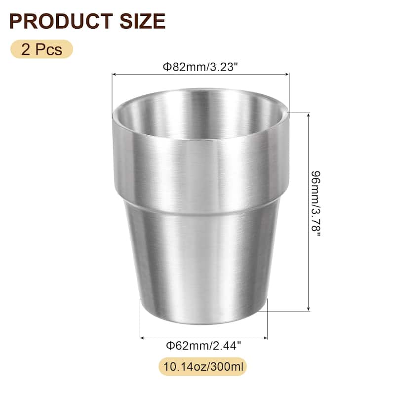 2 Pcs 304 Stainless Steel Cup Double Wall Water Glasses Step Silver - 10.14oz/300ml
