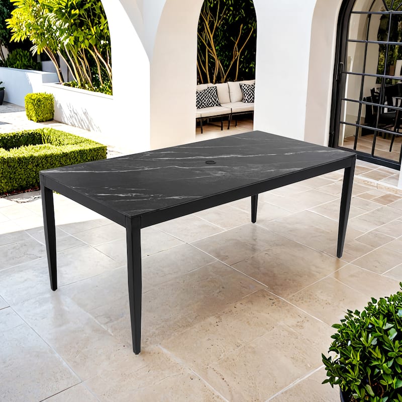 Outdoor Modern Patio 35.5"x71" Aluminum Dining table, Black Marble-Inspired Sintered Stone Top, Ember Black Finish
