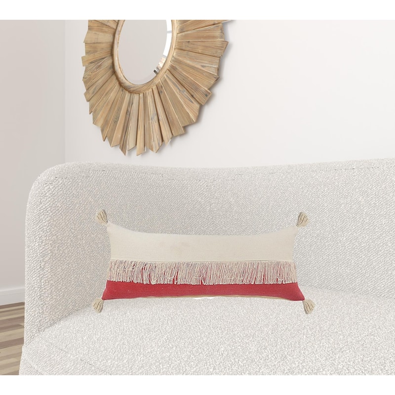 HomeRoots 14" X 36" Raspberry Red And Off-White 100% Cotton Zippered Pillow