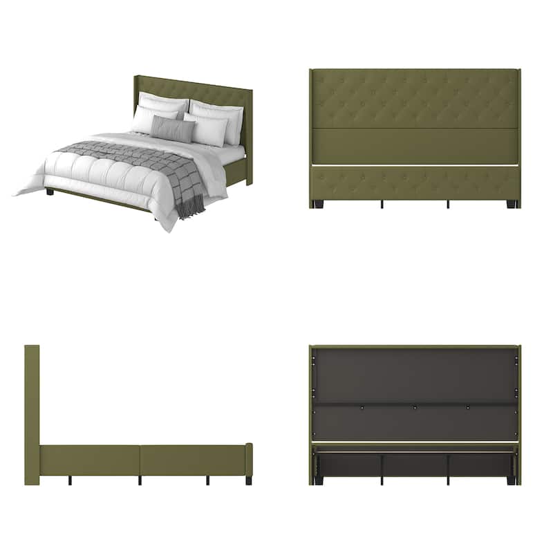 King Size Olive Green Leather Upholstered Platform Bed with Extra Tall 52.8" Tufted Wingback Headboard Bed Frame