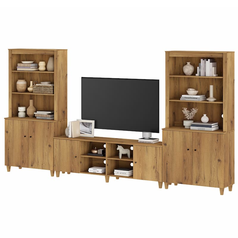 WAMPAT Modern TV Stand and Bookcase Set for 75" TVs - 4 Cabinets - Oak Brown