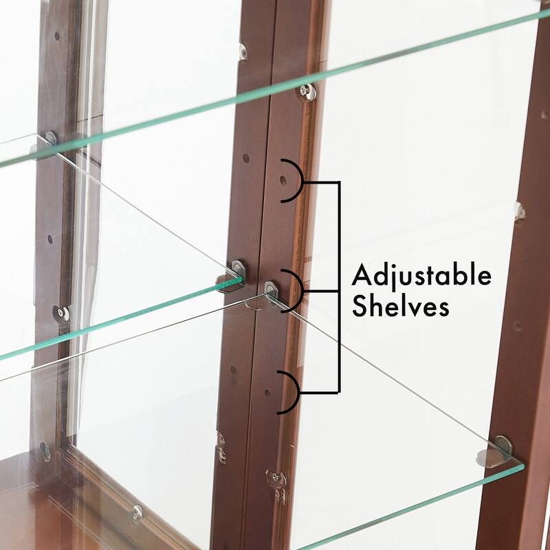 Curio Cabinet Lighted Diapaly Cabinet Wooden Shelving Unit with Adjustable Shelves and Mirrored Back Panel, Tempered Glass Doors