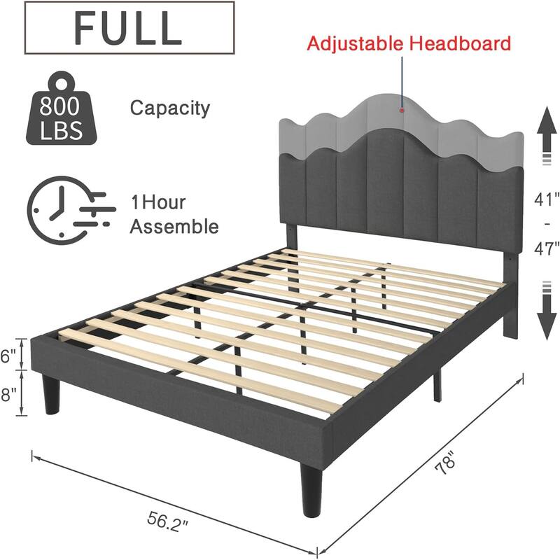 VECELO Modern Upholstered Platform Bed with Adjustable Headboard, Dark Blue/ White/ Grey/ Beige Bed Frames