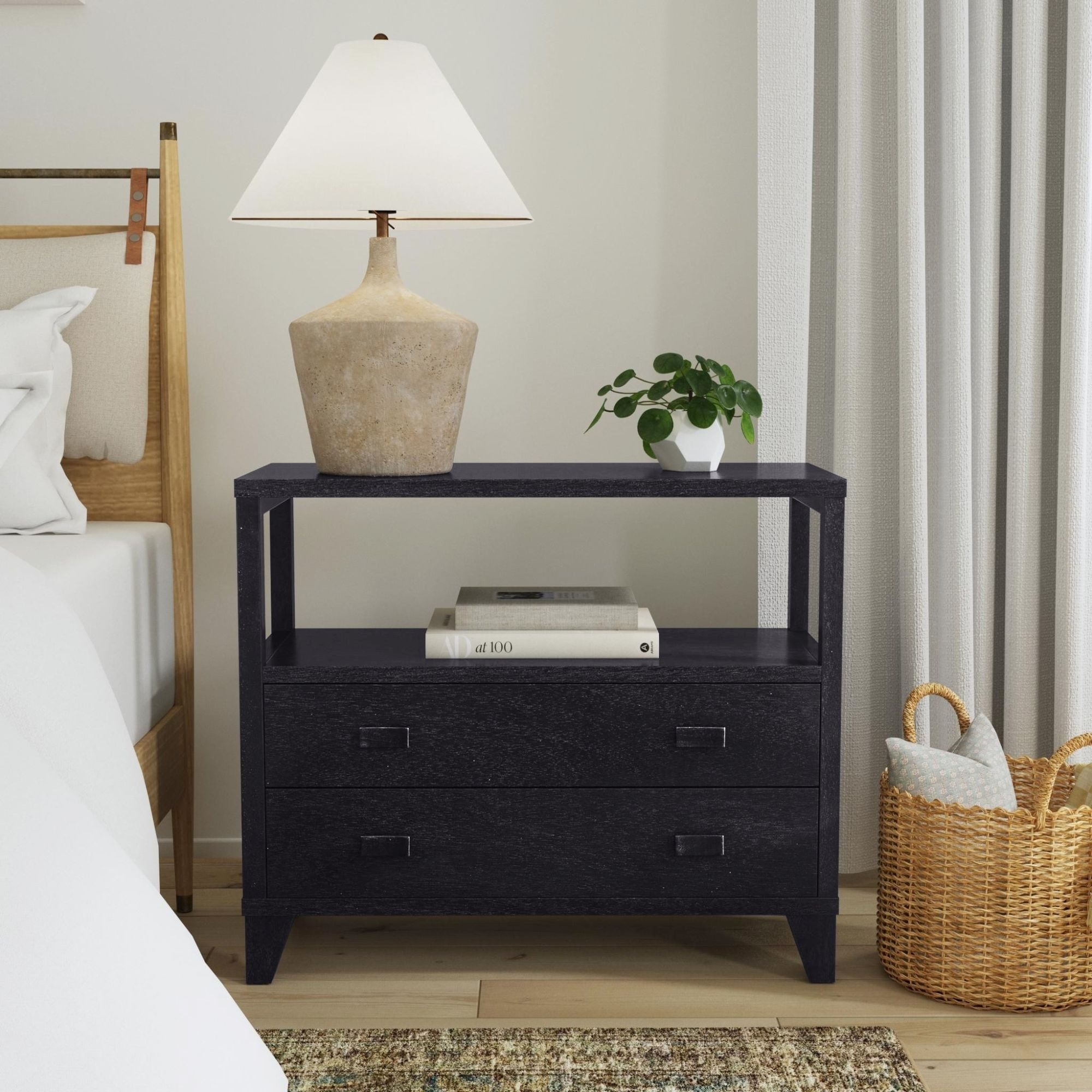 Handmade Wood 2 Drawer Nightstand with Open Shelf by East at Main