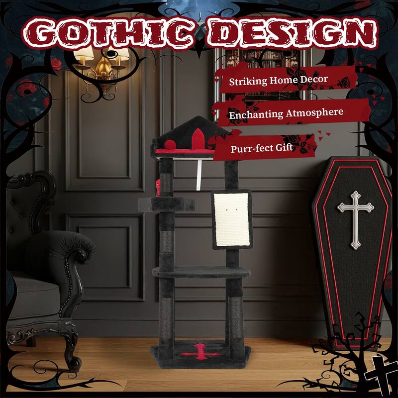 49" Gothic Cat Tree with Throne Bed and Coffin Perch Scratching Posts and Hanging Toy for Cats