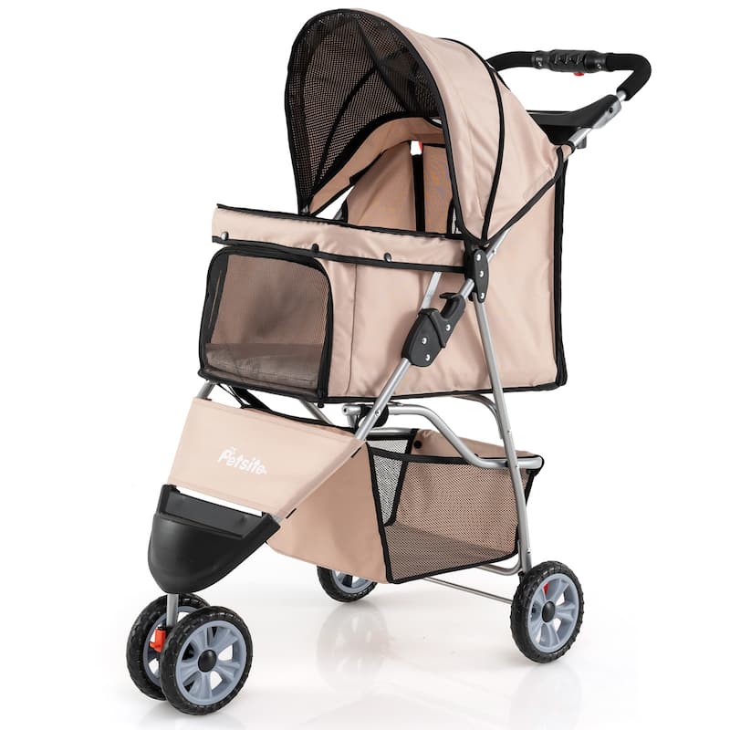 Gymax 3-Wheel Pet Stroller for Dogs Cats up to 33 LBS Foldable w/ - Beige