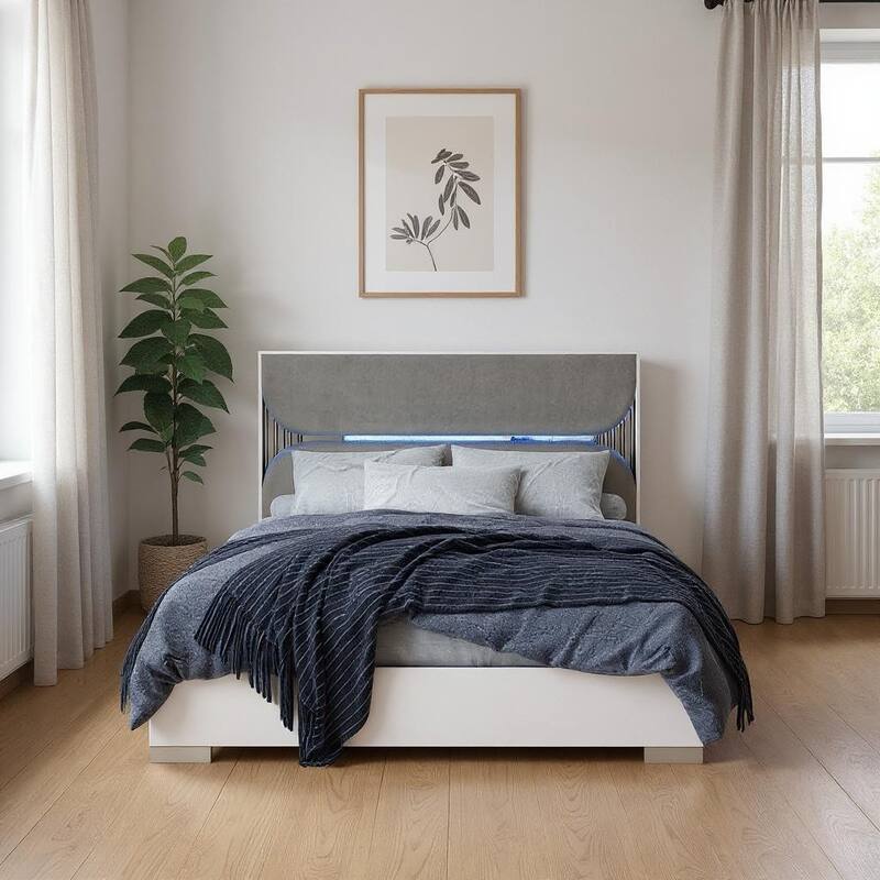HomeRoots White and Gray Wood And Upholstery Lighted King Bed Frame - King
