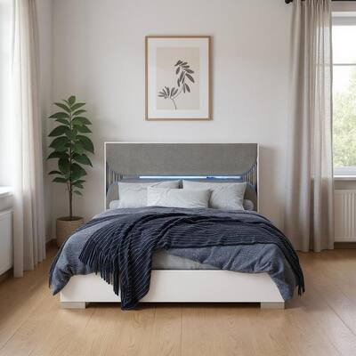 HomeRoots White and Gray Wood And Upholstery Lighted King Bed Frame