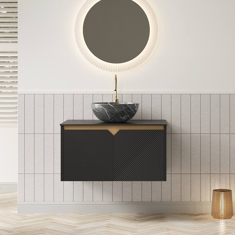 30"/36"/48" Floating Bathroom Vanity with Vessel Sink, Wall Mounted Sintered Stone Countertop Bathroom Storage Cabinet - Black - Oval Ceramic Basin - 30 Inch