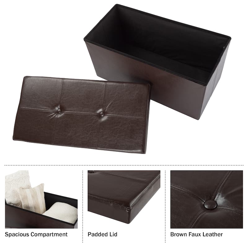 Large Foldable Storage Bench Ottoman- Tufted Faux Leather Cube Organizer Furniture by Lavish Home - 30 x 15 x 15