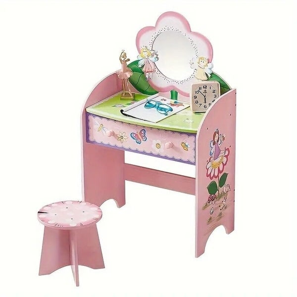slide 2 of 10, Wooden Kids Vanity Table Set Makeup Dressing Table Stool Mirror Pink Girls Gifts - 10*37*15 Pink
