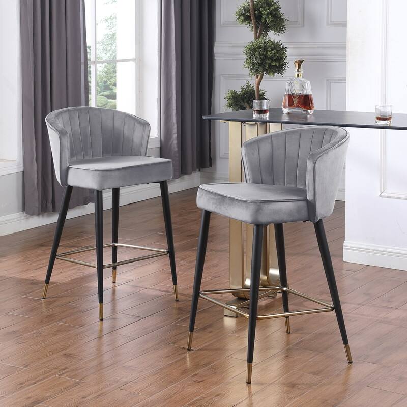 Velvet Upholstered Counter Height Bar Stool, Set of 2 - Grey