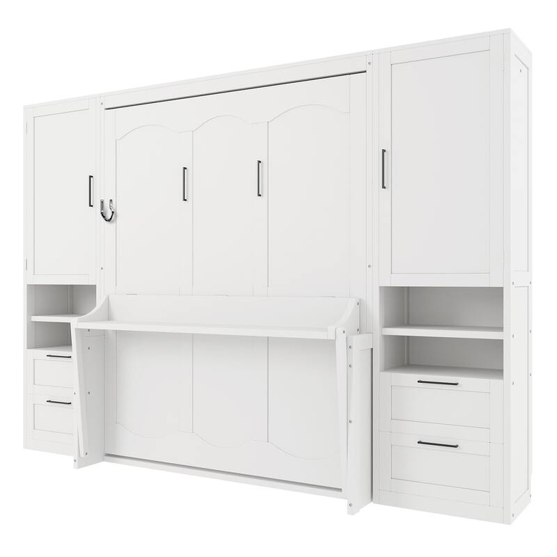 Queen Size Wall Bed with Closet, Drawers, and Shelves in White