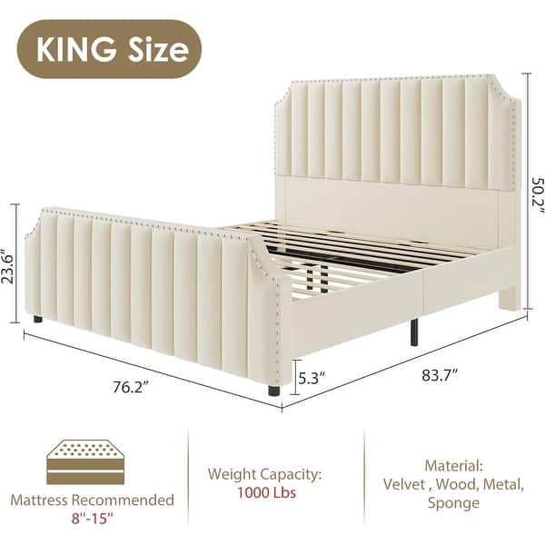 dimension image slide 0 of 6, Platform Bed Frame with 50.2" Headboard, Velvet Upholstered Bed Frame