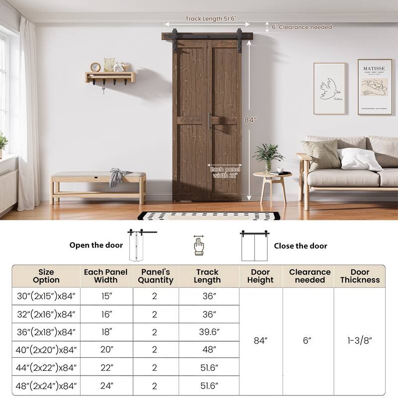 Assembled 30in./32in./36in./40in./44in./48in. x 84 in. Solid Core Pine Wood Bi-Fold Door With Hardware Kit