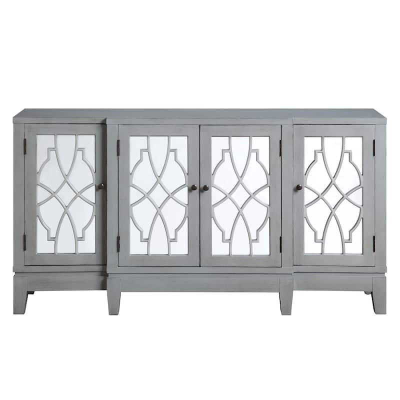 Console Table with 4 Glass Doors and Geometric Front, Gray