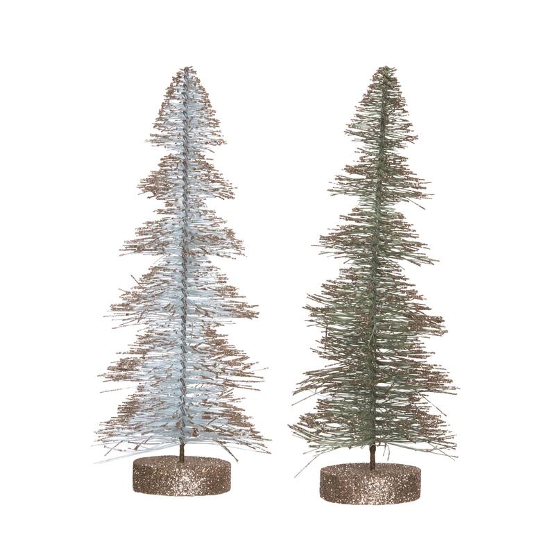 Transpac Large Sisal Green & White Bottle Brush Tree Set of 2 Christmas Home Decorations