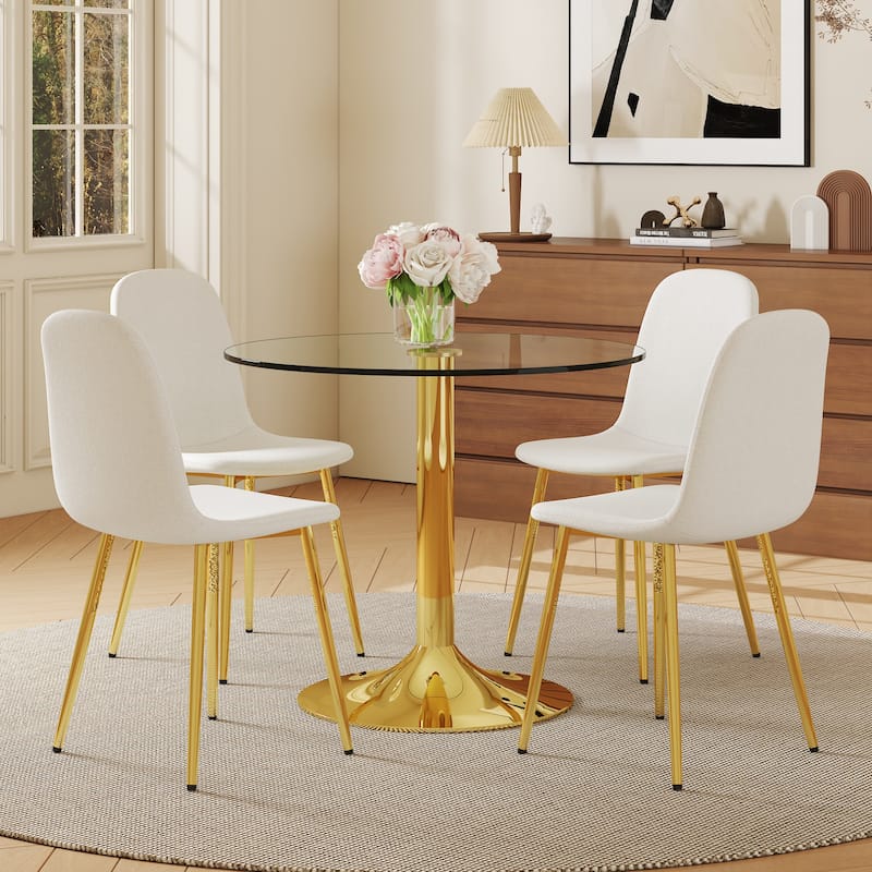 5-Piece Round Dining Table Set, 35 Inch Tempered Glass Top with Metal Base & 4 High-Resilience Fabric Chairs