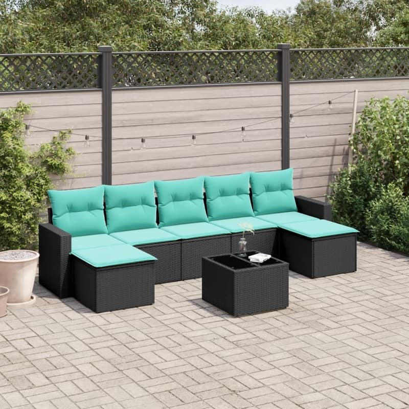 vidaXL Patio Sofa Set with Cushions Outdoor Conversation Furniture Poly Rattan - 25.8" x 24.4" x 27.2" - Black and blue with table