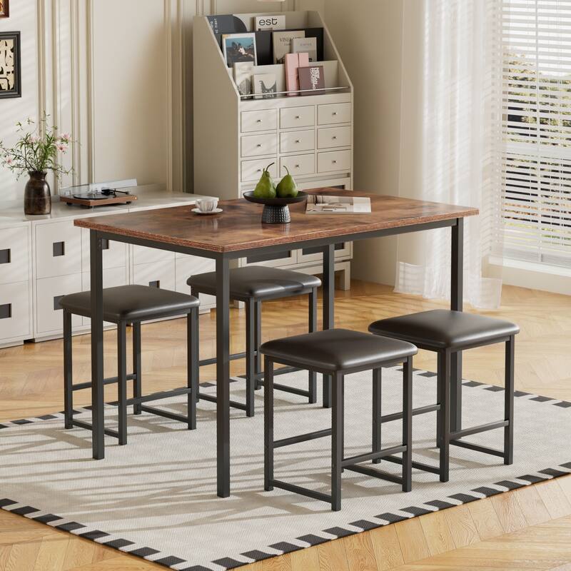 VECELO Kitchen Table and Chairs for 4, Dining Table Set with PU Chairs/Stools, Wooden Tabletop - Brown