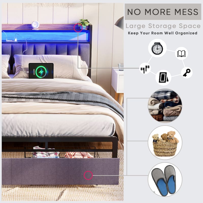 King Size LED Platform Bed Frame with Storage Headboard, USB Charging Station, and Drawers, Easy Assembly, Grey